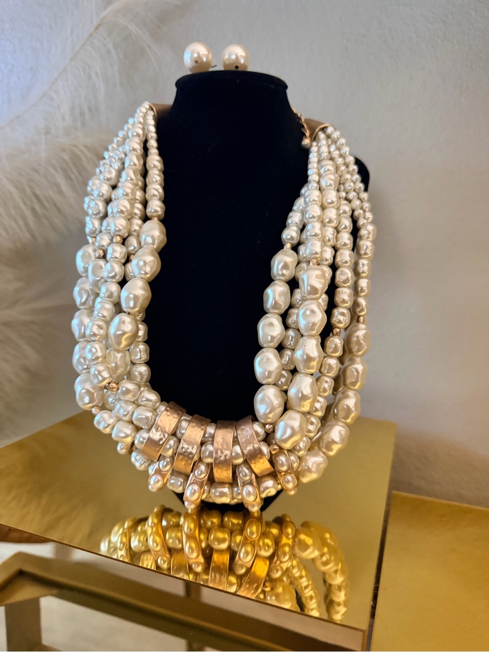Chico’s Multi Strand Faux Pearl Statement Necklace & Earrings Set Gold Tone - Picture 10 of 12